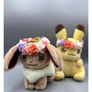 Eevee & Pikachu Easter Flower Plush doll Set Pokemon Spring Toy
